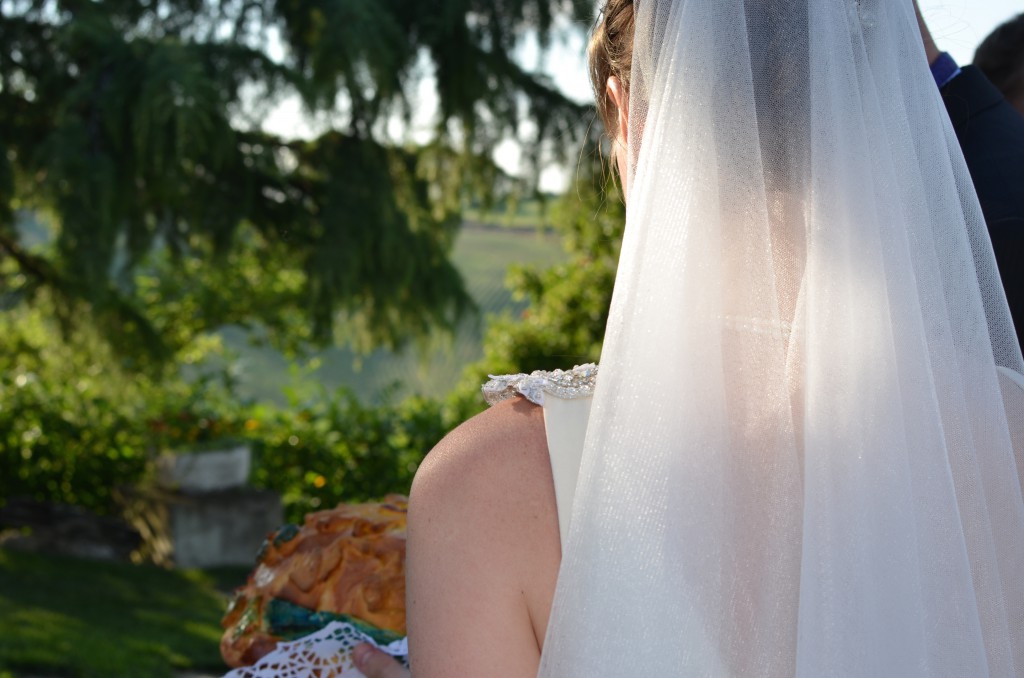 Light filters through the veil of the bride.